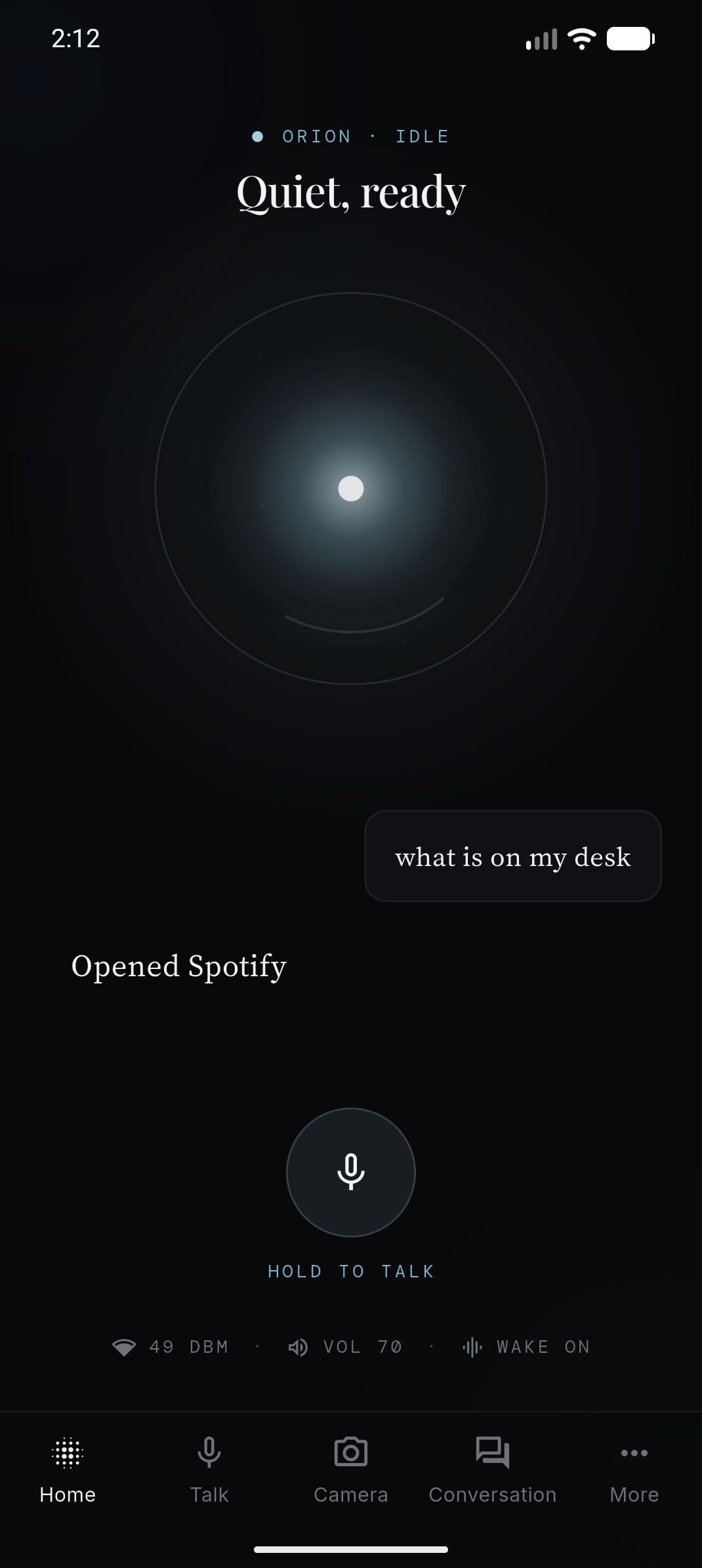 The Orion app on Android: the same home screen, with a bottom bar.