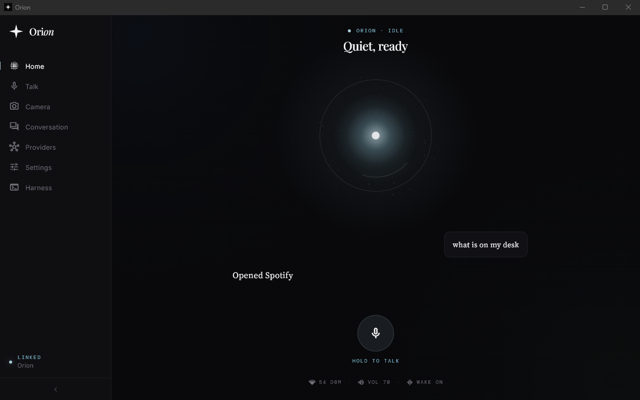 The Orion app on Windows: the side rail with Home, Talk, Camera, Conversation, Providers, Settings and Harness.
