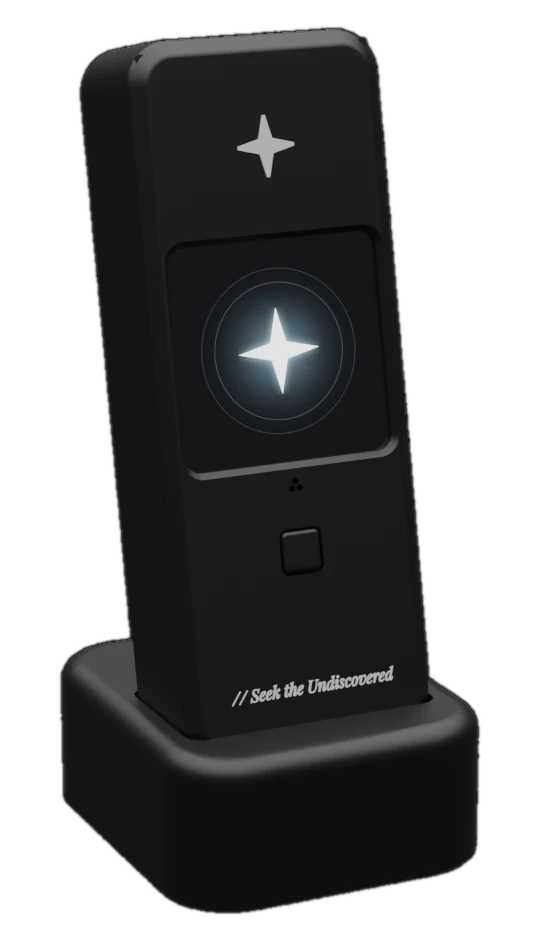 Orion, the board in its printed case on the desk stand, its screen showing the star